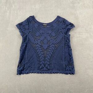 Express Crop Top Womens Medium Blue Floral Lace Sheer Cap Sleeve Scoop Neck